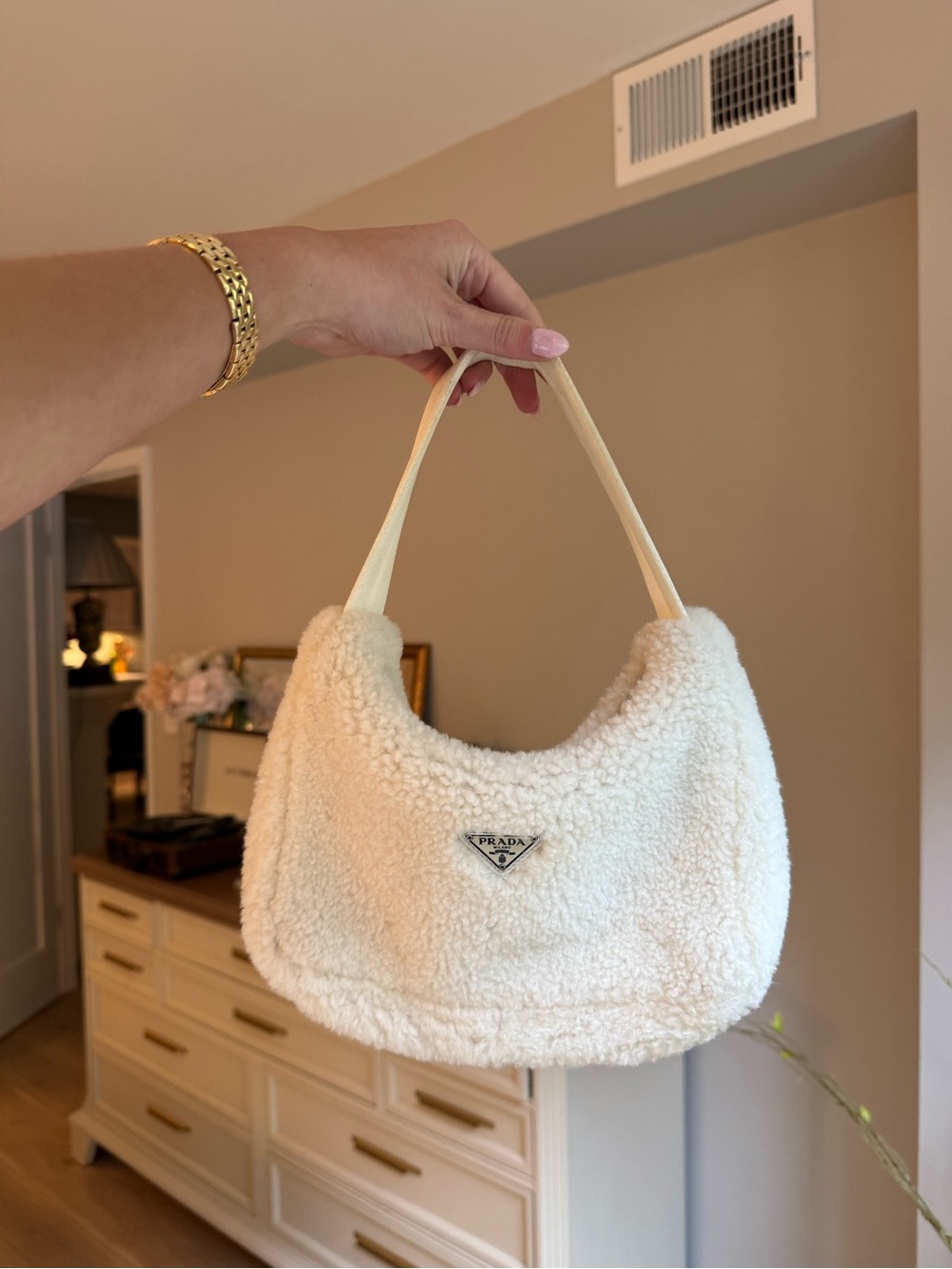 Prada White Shearling Mini Bag